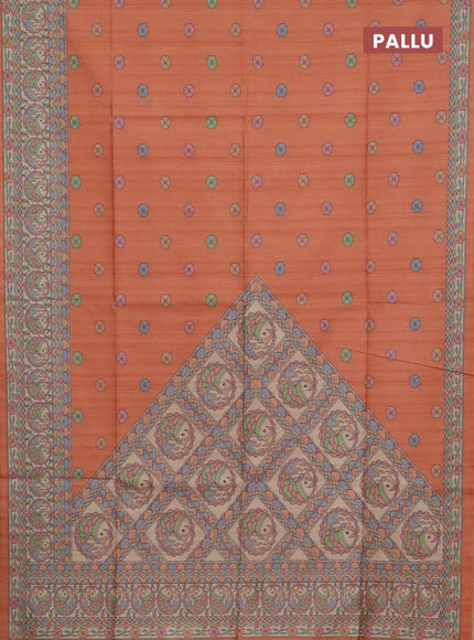 Semi tussar saree orange and beige with allover butta prints and madhubani printed pallu & border