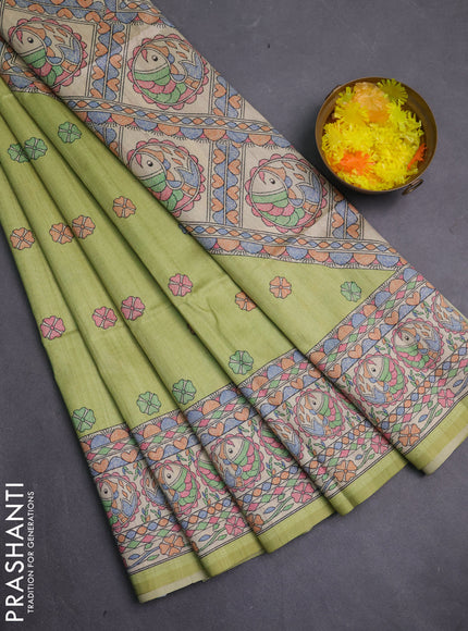 Semi tussar saree lime green and beige with allover butta prints and madhubani printed pallu & border