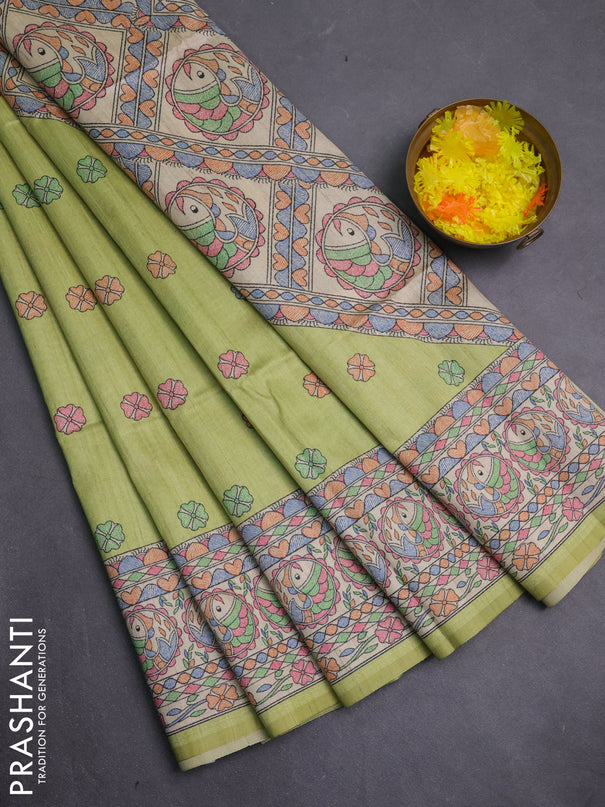 Semi tussar saree lime green and beige with allover butta prints and madhubani printed pallu & border