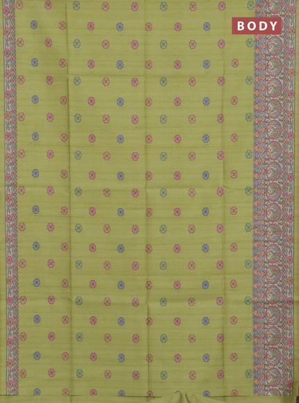 Semi tussar saree lime green and beige with allover butta prints and madhubani printed pallu & border