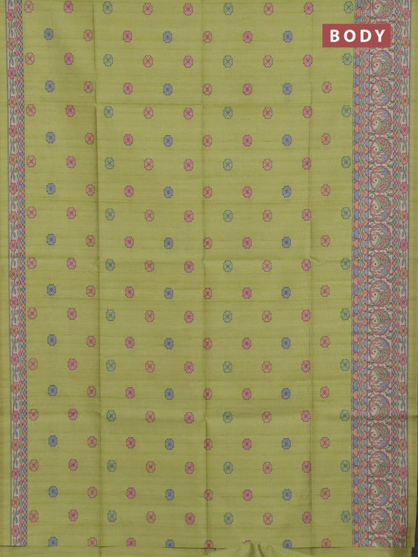 Semi tussar saree lime green and beige with allover butta prints and madhubani printed pallu & border