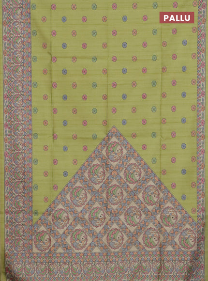 Semi tussar saree lime green and beige with allover butta prints and madhubani printed pallu & border