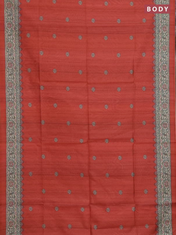 Semi tussar saree red and beige with allover butta prints and madhubani printed pallu & border