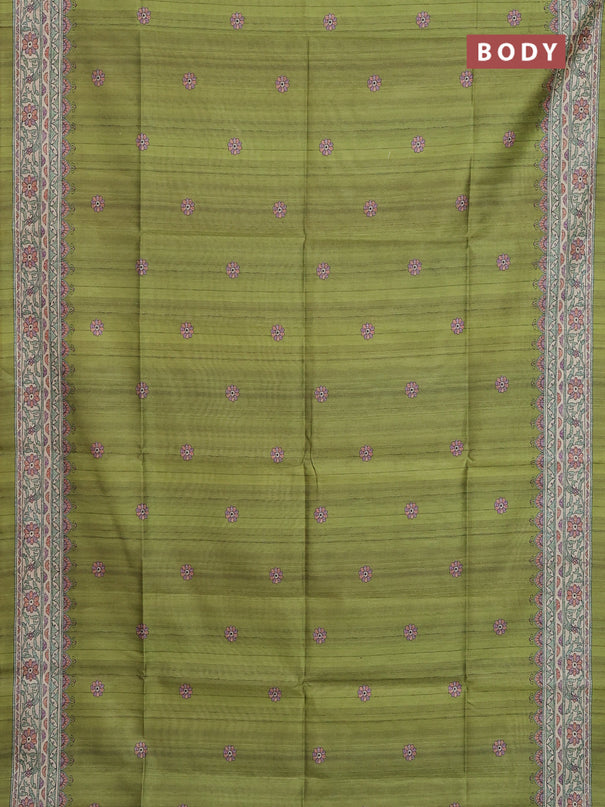 Semi tussar saree light green and beige with allover butta prints and madhubani printed pallu & border