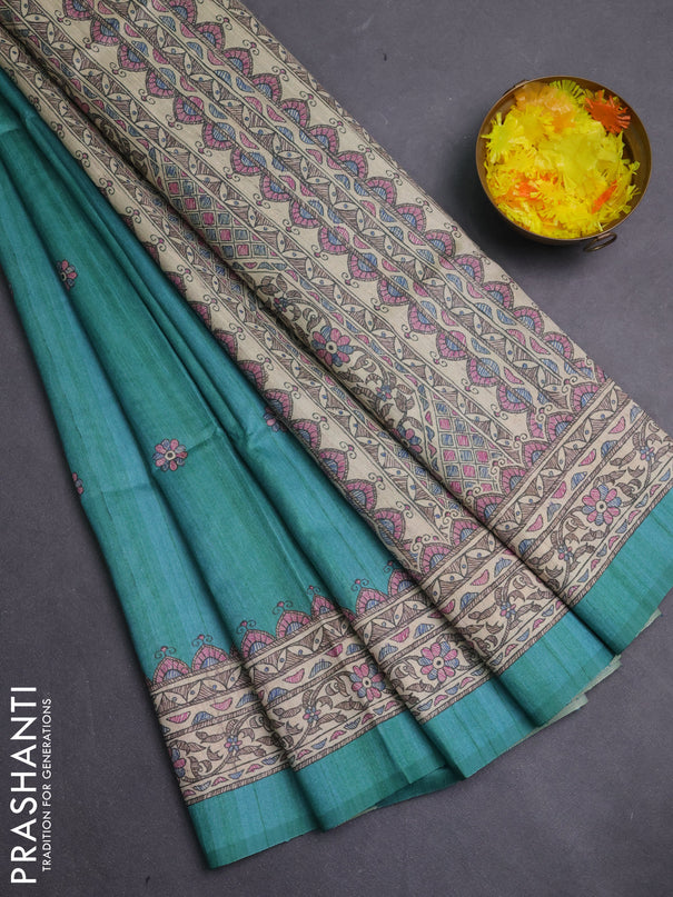 Semi tussar saree teal green and beige with allover butta prints and madhubani printed pallu & border