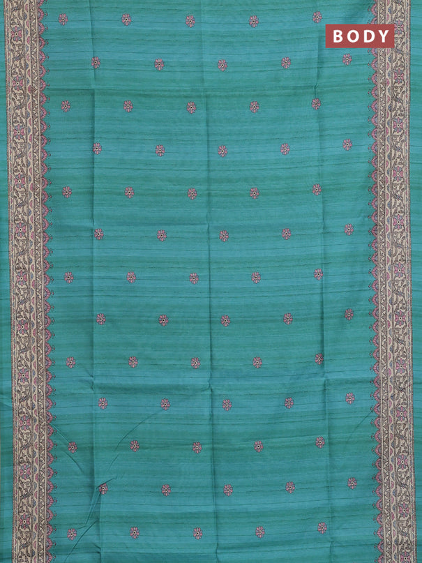 Semi tussar saree teal green and beige with allover butta prints and madhubani printed pallu & border