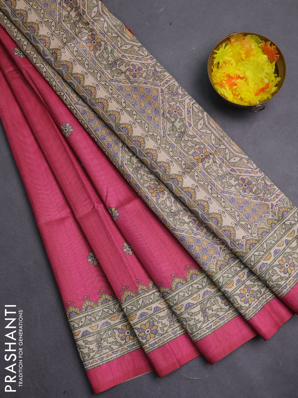 Semi tussar saree pink and beige with allover butta prints and madhubani printed pallu & border