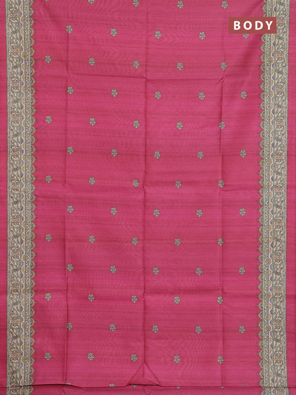 Semi tussar saree pink and beige with allover butta prints and madhubani printed pallu & border