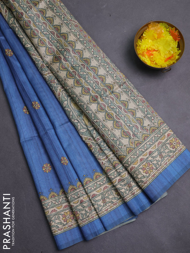 Semi tussar saree blue and beige with allover butta prints and madhubani printed pallu & border