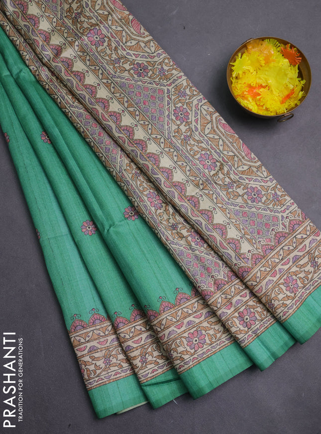 Semi tussar saree green and beige with allover butta prints and madhubani printed pallu & border