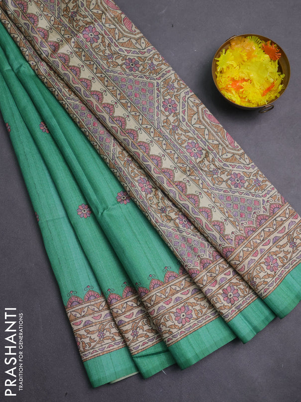Semi tussar saree green and beige with allover butta prints and madhubani printed pallu & border