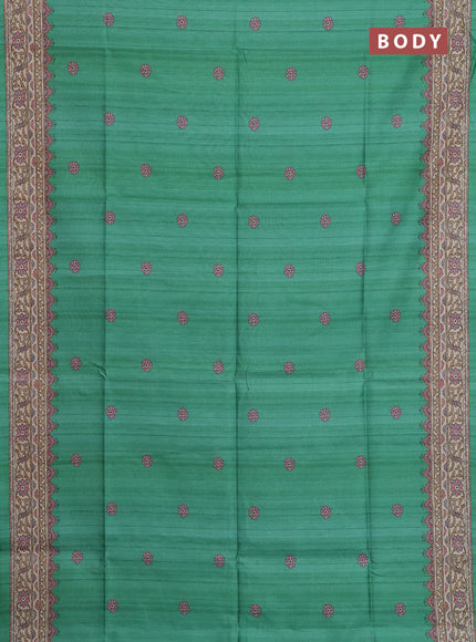 Semi tussar saree green and beige with allover butta prints and madhubani printed pallu & border