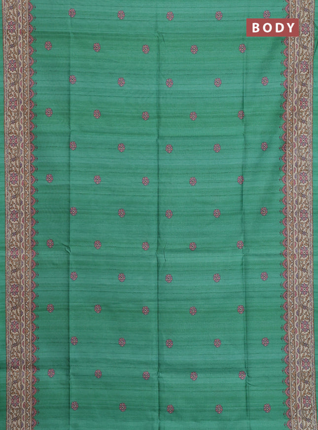 Semi tussar saree green and beige with allover butta prints and madhubani printed pallu & border