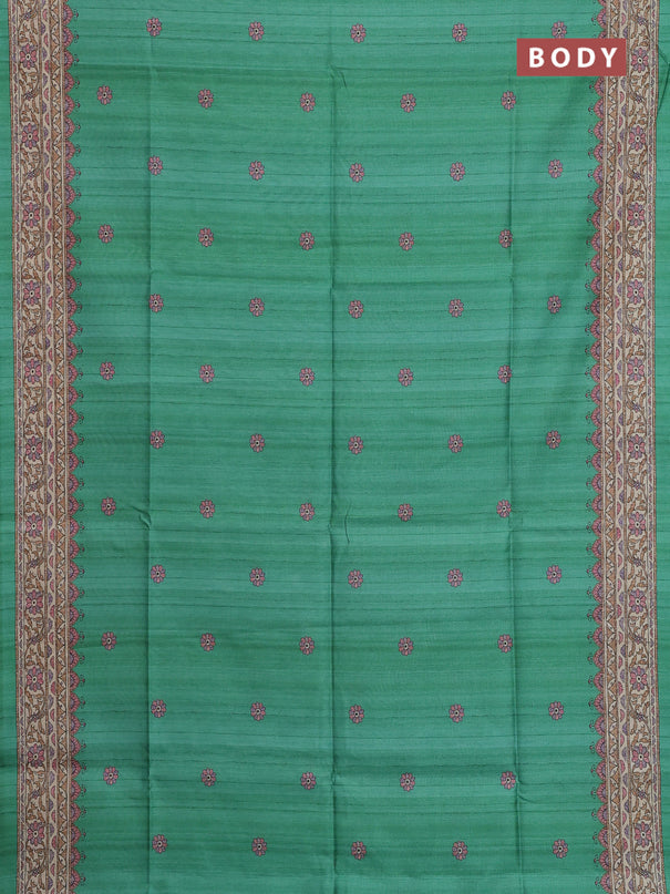 Semi tussar saree green and beige with allover butta prints and madhubani printed pallu & border