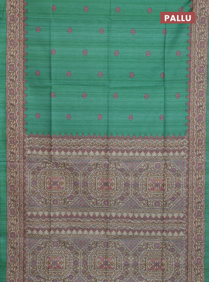 Semi tussar saree green and beige with allover butta prints and madhubani printed pallu & border