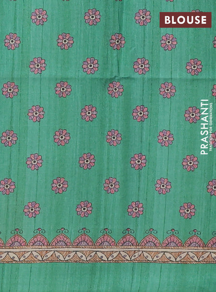 Semi tussar saree green and beige with allover butta prints and madhubani printed pallu & border