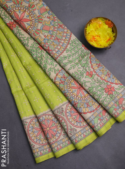 Semi tussar saree lime green and beige with allover bandhani prints and madhubani printed pallu & border