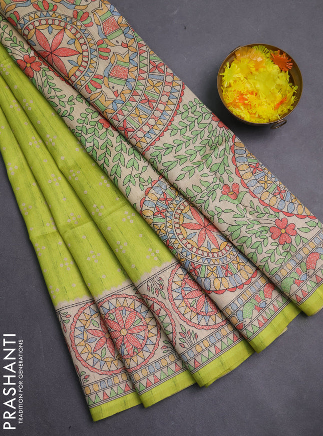 Semi tussar saree lime green and beige with allover bandhani prints and madhubani printed pallu & border