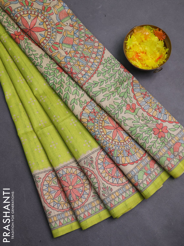 Semi tussar saree lime green and beige with allover bandhani prints and madhubani printed pallu & border