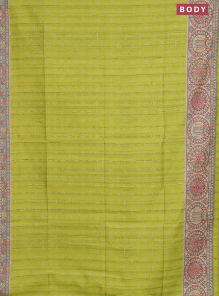 Semi tussar saree lime green and beige with allover bandhani prints and madhubani printed pallu & border