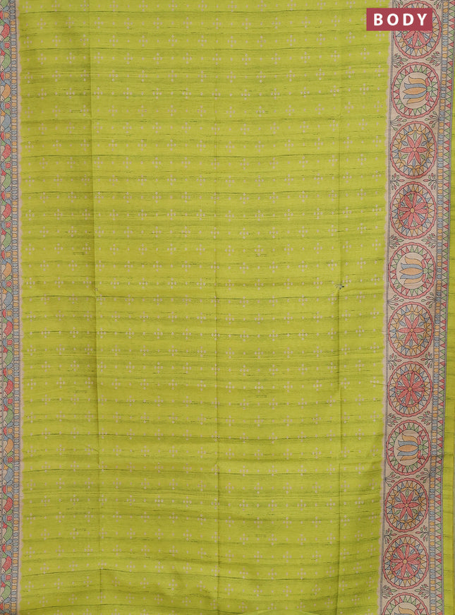 Semi tussar saree lime green and beige with allover bandhani prints and madhubani printed pallu & border
