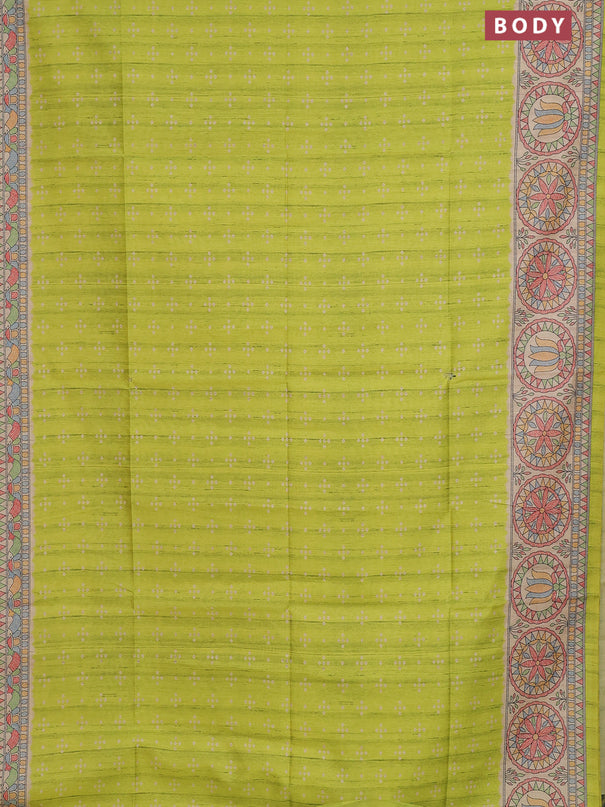 Semi tussar saree lime green and beige with allover bandhani prints and madhubani printed pallu & border