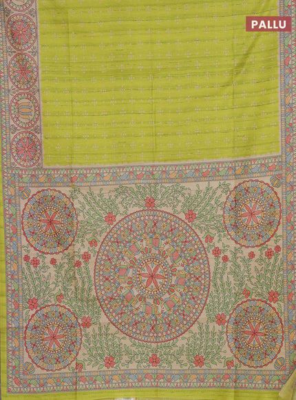 Semi tussar saree lime green and beige with allover bandhani prints and madhubani printed pallu & border
