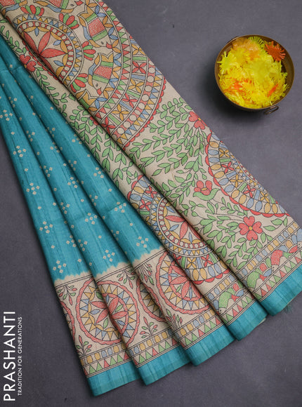 Semi tussar saree teal green and beige with allover bandhani prints and madhubani printed pallu & border