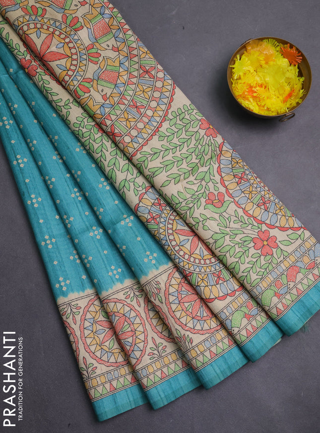 Semi tussar saree teal green and beige with allover bandhani prints and madhubani printed pallu & border