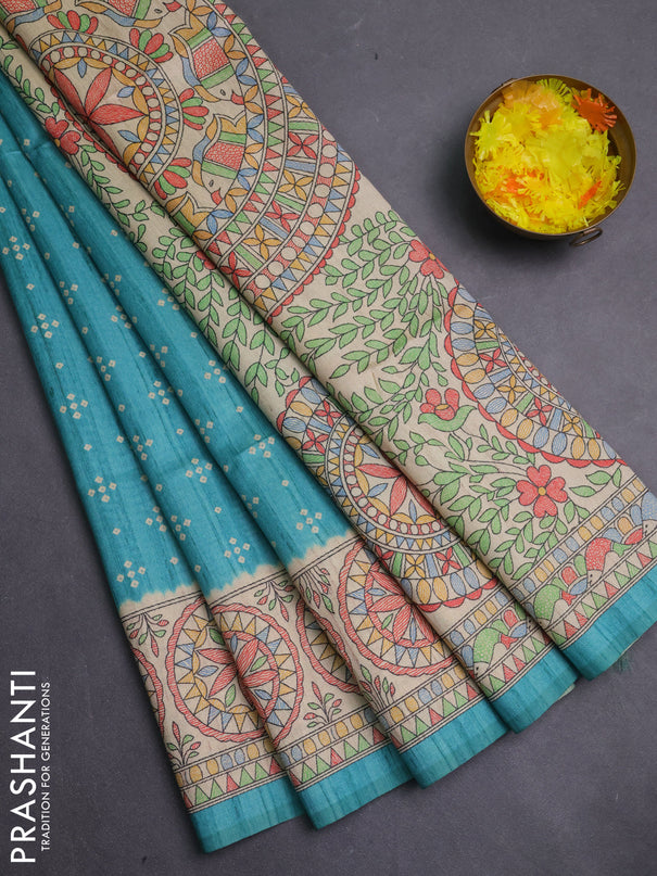 Semi tussar saree teal green and beige with allover bandhani prints and madhubani printed pallu & border