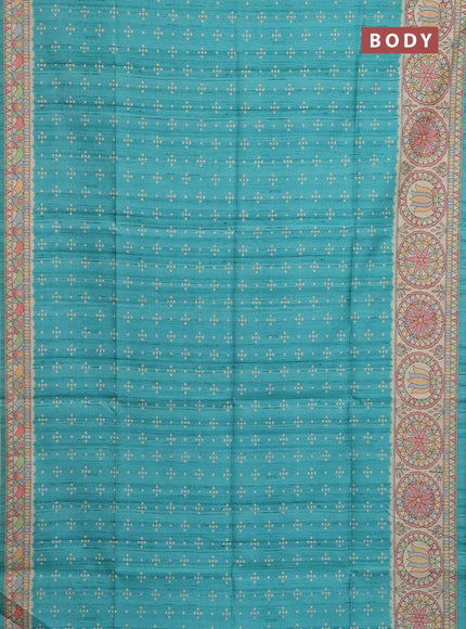 Semi tussar saree teal green and beige with allover bandhani prints and madhubani printed pallu & border