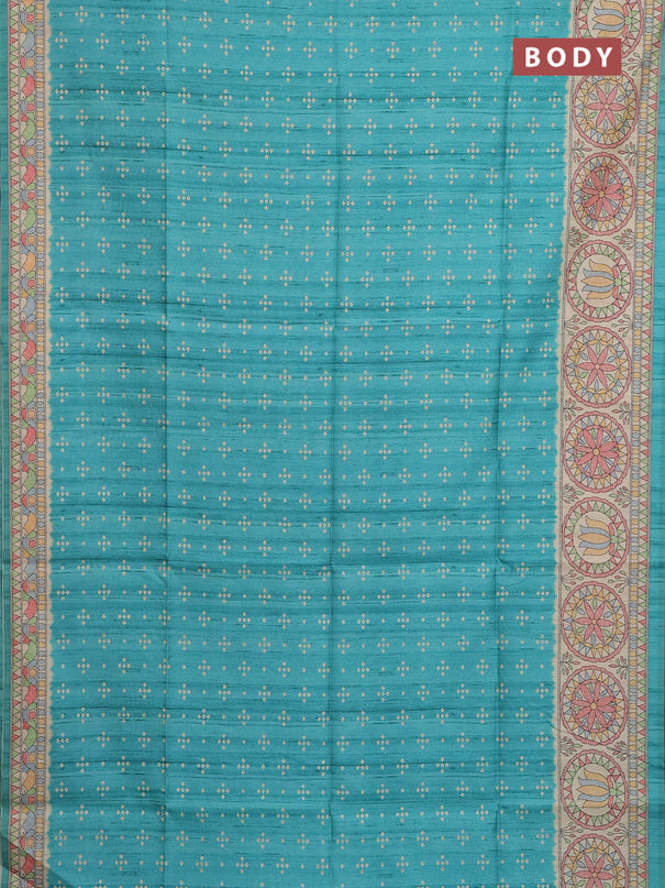 Semi tussar saree teal green and beige with allover bandhani prints and madhubani printed pallu & border