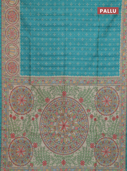 Semi tussar saree teal green and beige with allover bandhani prints and madhubani printed pallu & border