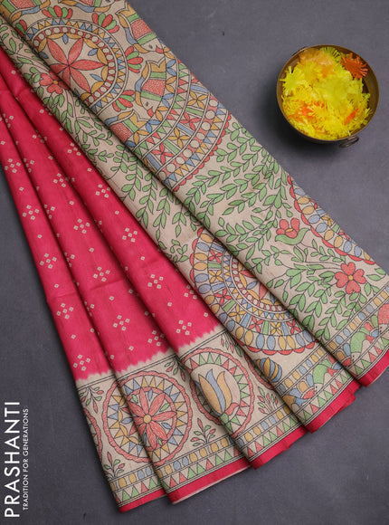 Semi tussar saree pink and beige with allover bandhani prints and madhubani printed pallu & border
