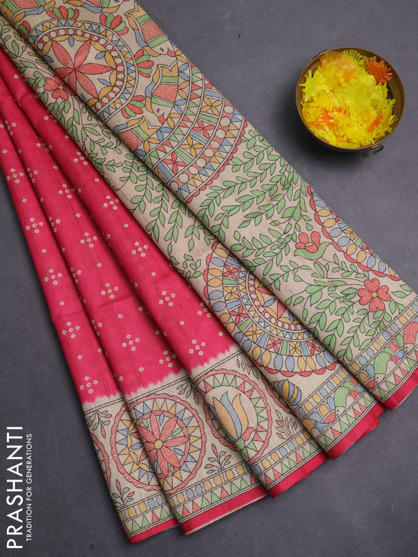 Semi tussar saree pink and beige with allover bandhani prints and madhubani printed pallu & border