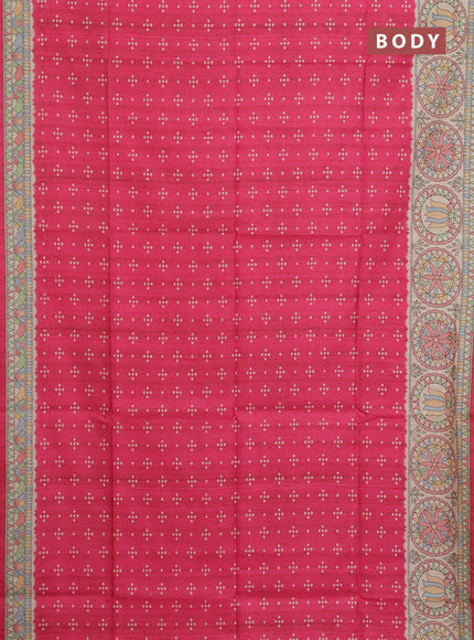 Semi tussar saree pink and beige with allover bandhani prints and madhubani printed pallu & border