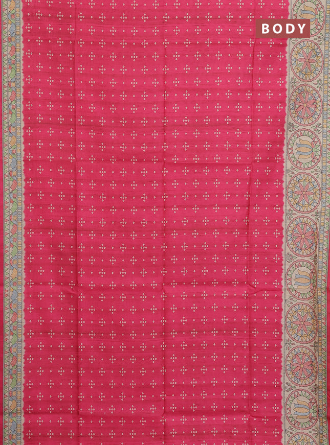 Semi tussar saree pink and beige with allover bandhani prints and madhubani printed pallu & border