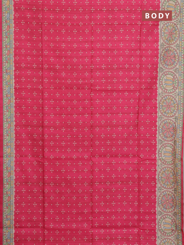 Semi tussar saree pink and beige with allover bandhani prints and madhubani printed pallu & border