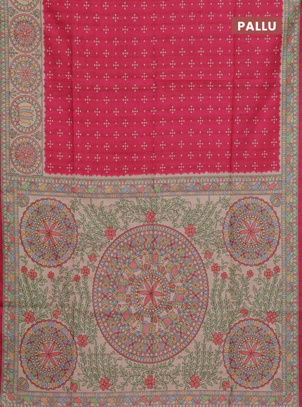 Semi tussar saree pink and beige with allover bandhani prints and madhubani printed pallu & border