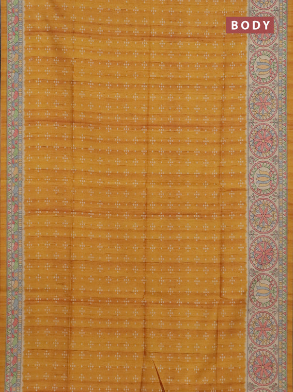 Semi tussar saree mustard yellow and beige with allover bandhani prints and madhubani printed pallu & border