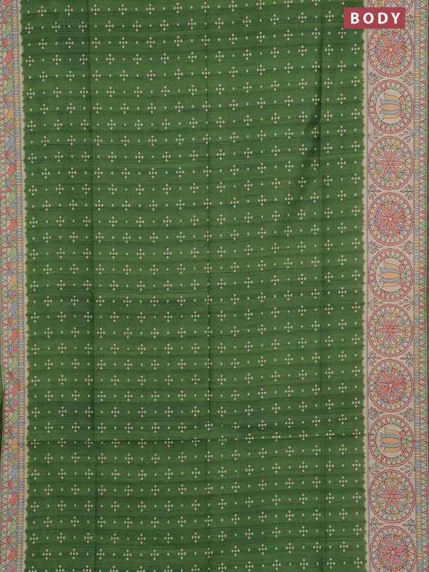 Semi tussar saree green and beige with allover bandhani prints and madhubani printed pallu & border