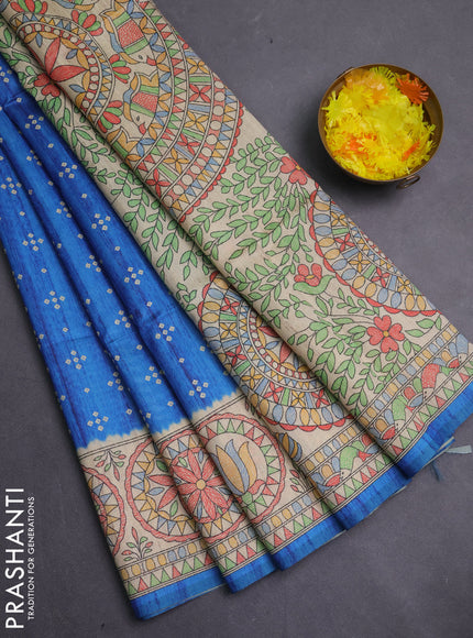 Semi tussar saree blue and beige with allover bandhani prints and madhubani printed pallu & border