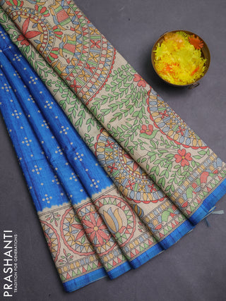Semi tussar saree blue and beige with allover bandhani prints and madhubani printed pallu & border