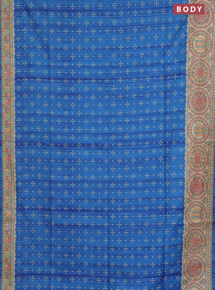 Semi tussar saree blue and beige with allover bandhani prints and madhubani printed pallu & border