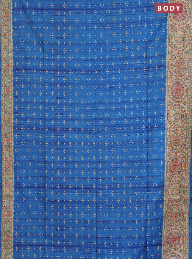 Semi tussar saree blue and beige with allover bandhani prints and madhubani printed pallu & border