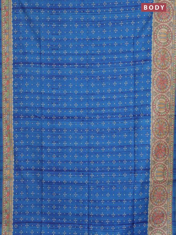 Semi tussar saree blue and beige with allover bandhani prints and madhubani printed pallu & border