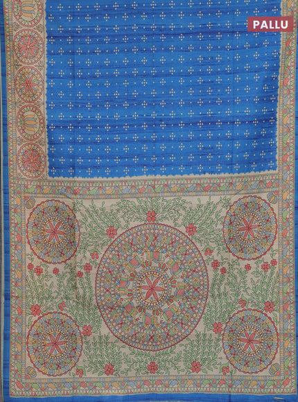 Semi tussar saree blue and beige with allover bandhani prints and madhubani printed pallu & border