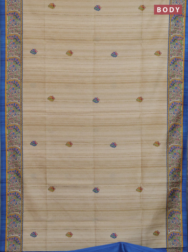 Semi tussar saree blue and cream with allover butta prints and madhubani printed pallu & border