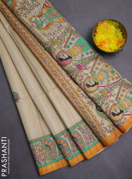 Semi tussar saree mustard yellow and cream with allover butta prints and madhubani printed pallu & border