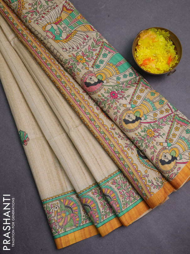 Semi tussar saree mustard yellow and cream with allover butta prints and madhubani printed pallu & border